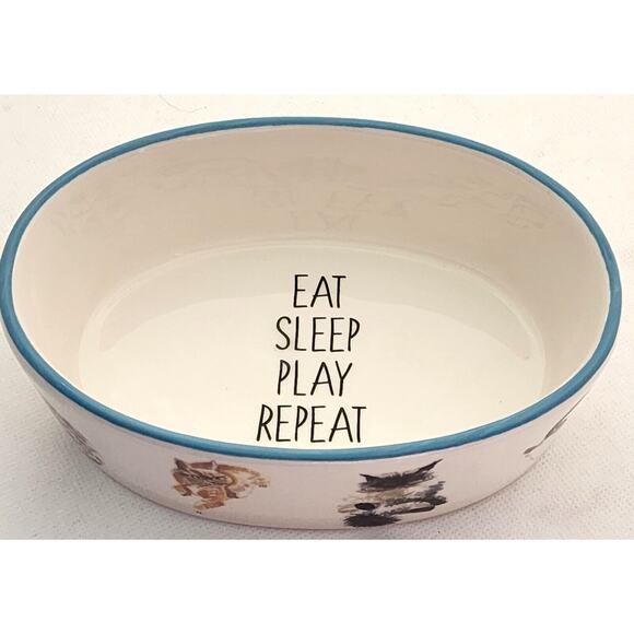 CAT BOWL-TAG-Food-Water-"Eat Sleep Play Repeat"-Multiple Cat Images-White - Picture 1 of 12